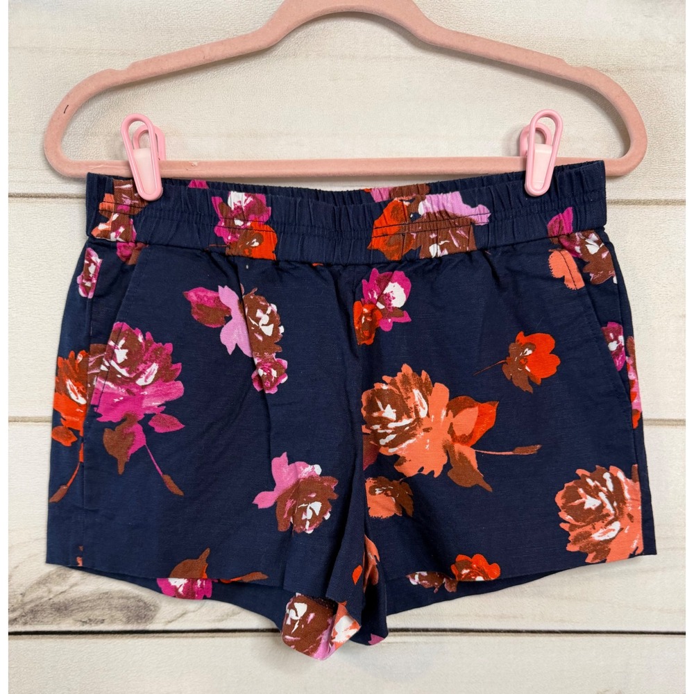J.Crew Navy Blue Floral Linen Cotton Blend Shorts Pink Orange Size 4 Womens